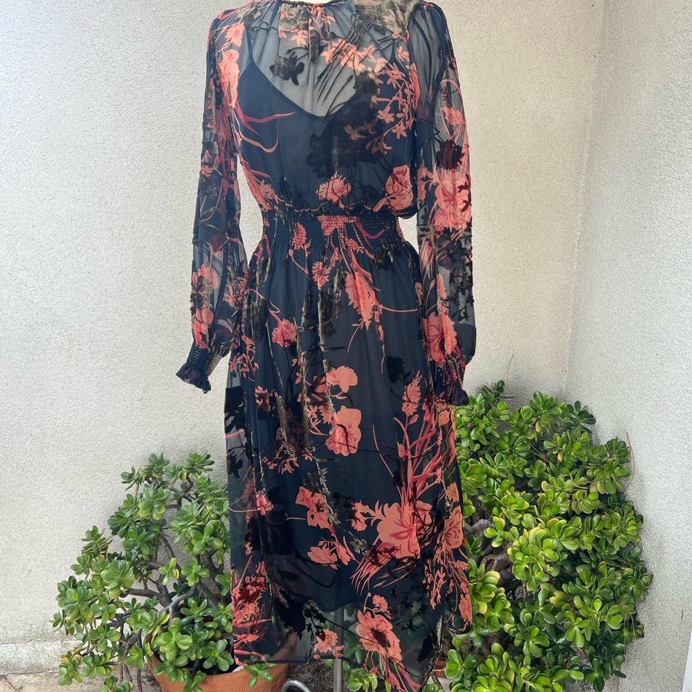 Zara Woman chiffon sheer dress black rust tones velveteen Sz M NWT